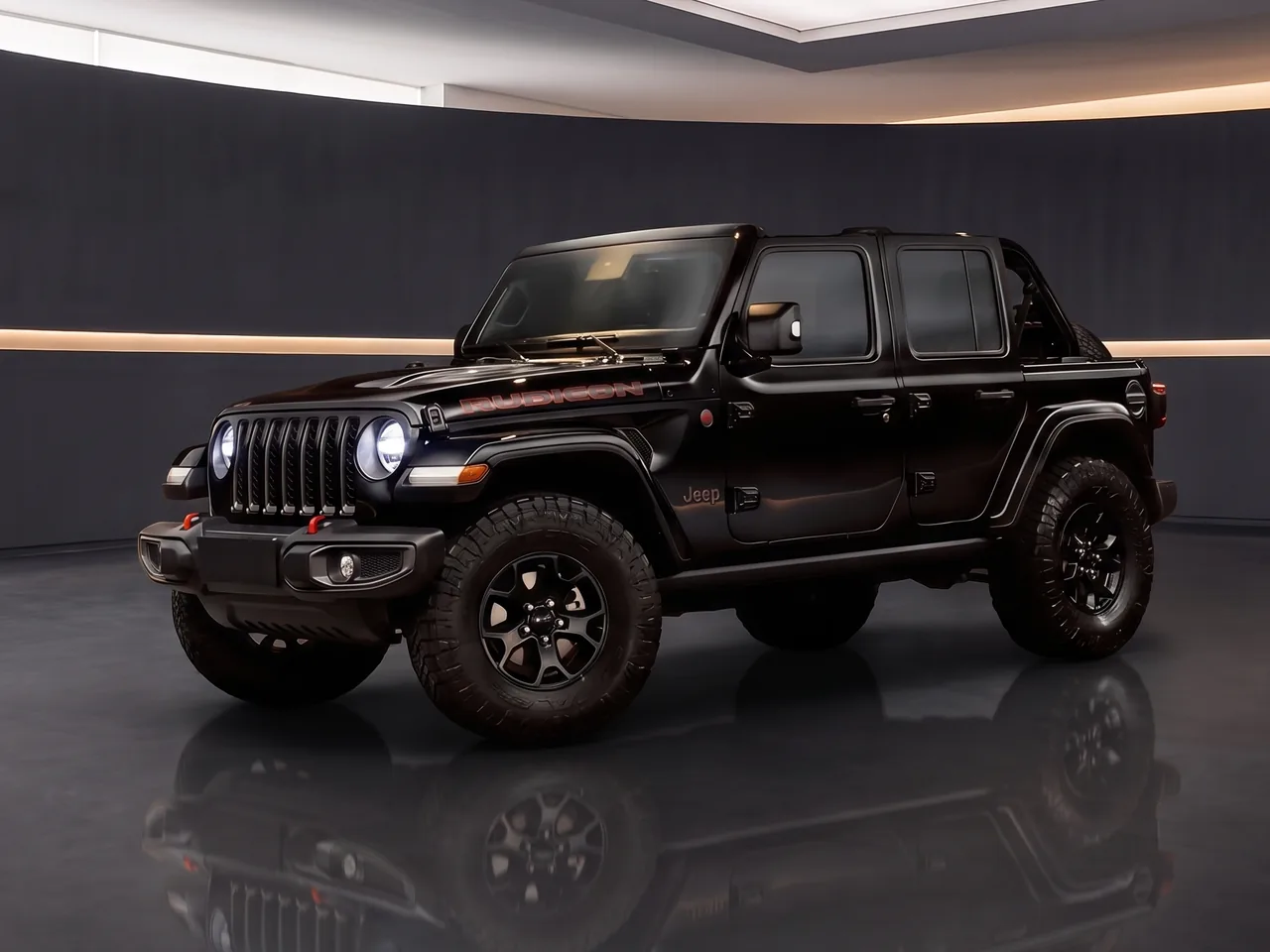 Jeep Wrangler Rubicon preto em showroom arquitetônico, imagem ilustrativa