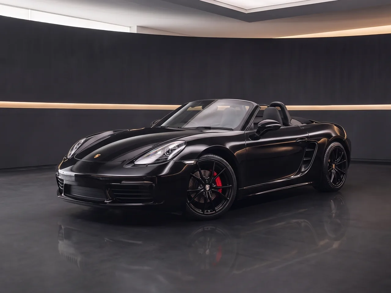 Porsche 718 Boxster preto em showroom arquitetônico, imagem ilustrativa